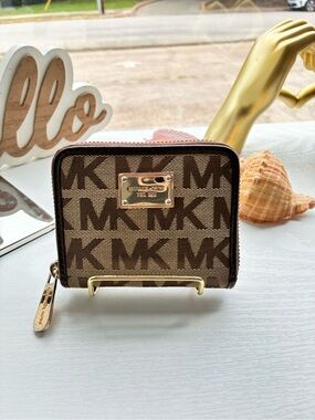 Michael Kors Brown Tan MK Monogram Zip Card Case